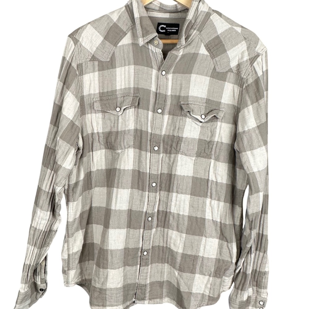 Lucky Brand Cole Hauser Mens Large Grey Buffalo Plaid Western Pearl Snap Shirt
